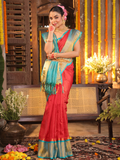 Pure Handloom Korvai Saree | Passion Red Sky Blue
