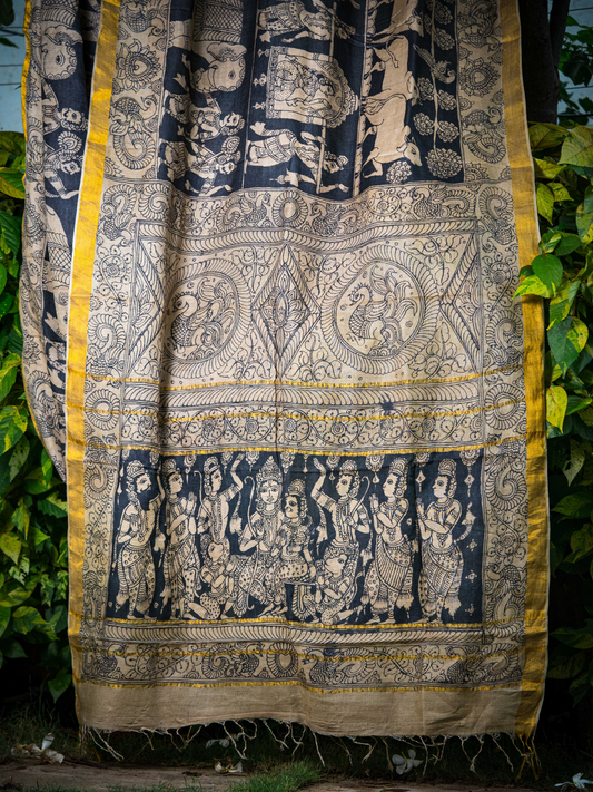 Traditional Handpainted Pen Kalamkari Tussar Silk Saree  |  Navy Blue