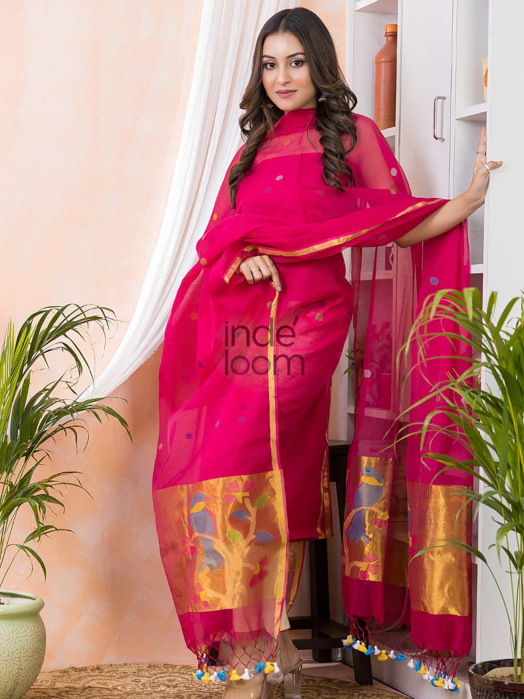 Deep Pink Paithani Muslin Jamdani 2-Piece Set Kurti & Dupatta (UNSTITCHED) - 367