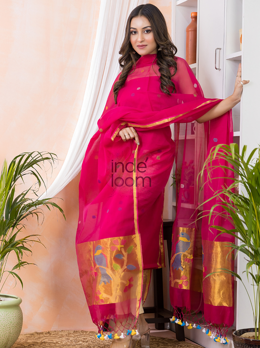 Deep Pink Paithani Muslin Jamdani 2-Piece Set Kurti & Dupatta (UNSTITCHED) - 367