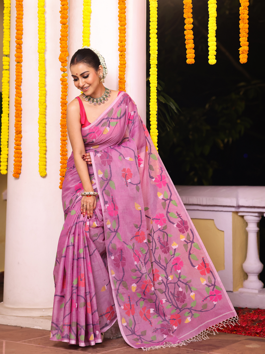 Handwoven Pure Jamdani Silk Cotton Saree  |  Baby Pink