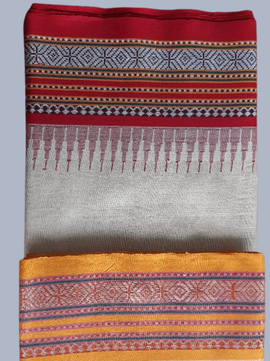 Red And Orange Handloom Vidarbha Tussar Silk Saree with Multicolor Contrast Border -011
