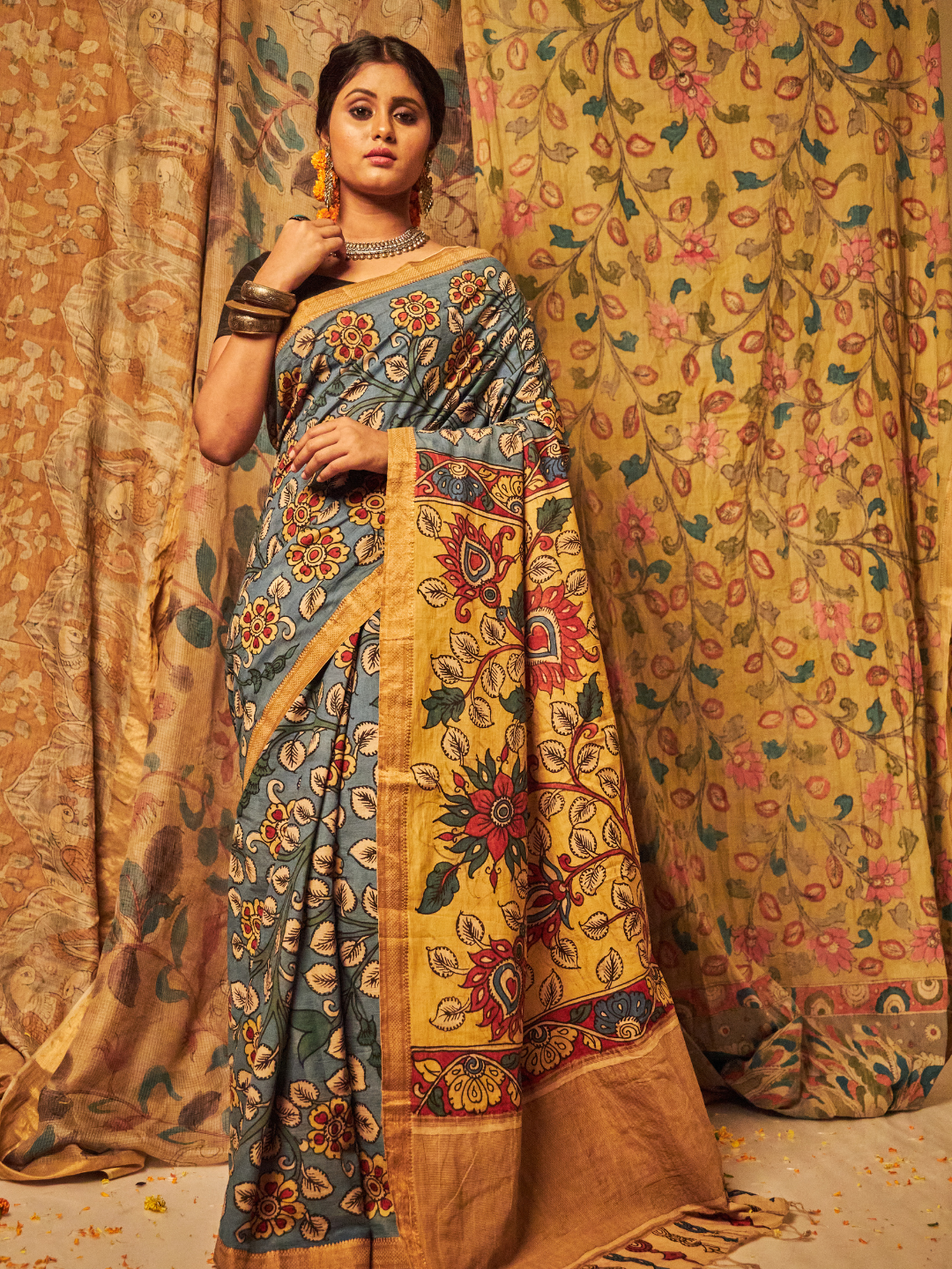 Baby Blue Floral Mangalagiri Kalamkari Saree - 019