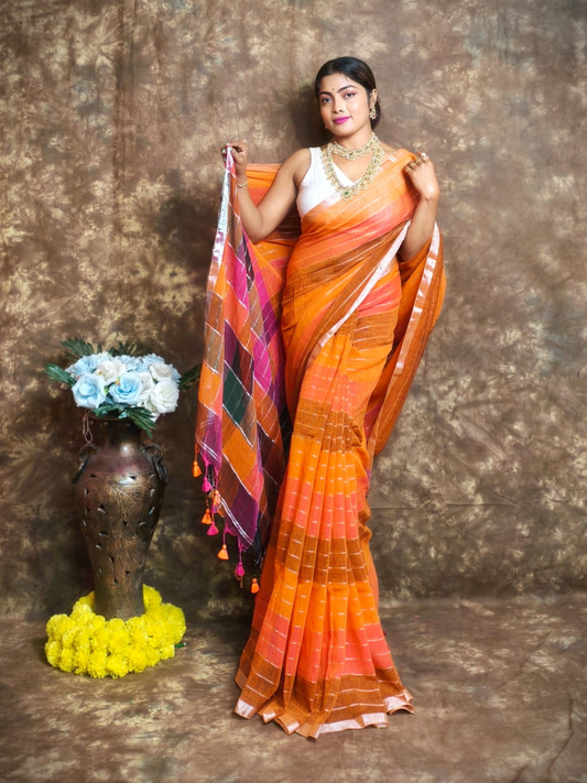 Pure Handloom Linen Saree | Burnt Orange