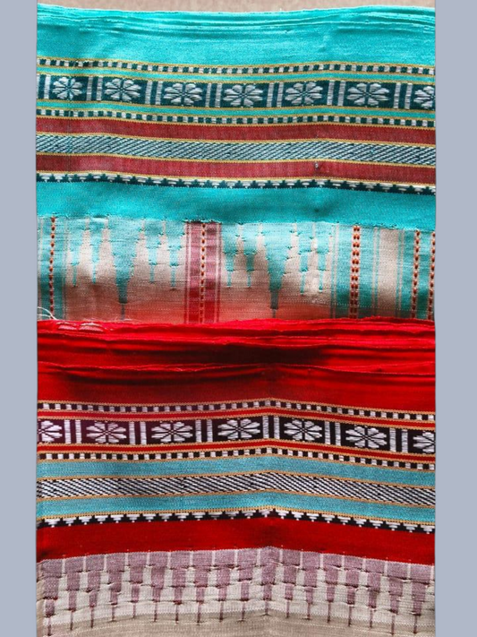 Blue Red Handloom Vidarbha Tussar Silk Saree with Multicolor Contrast Border -074