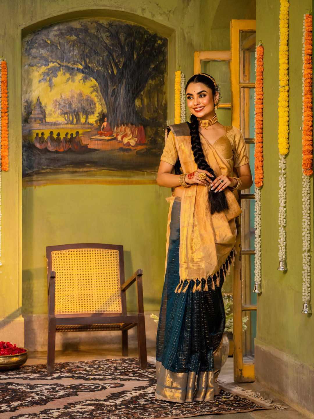 Pure Handloom Korvai Saree | Teal Blue and Golden Yellow