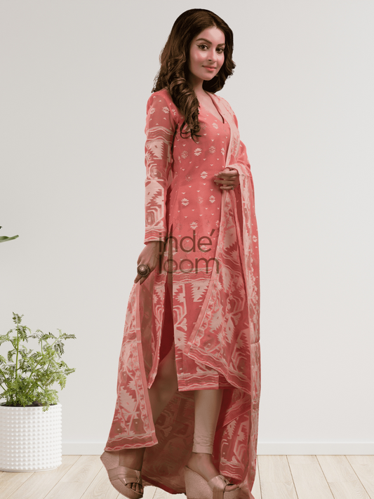 Rose Pink Cotton Silk Jamdani 2-Piece Set Kurti & Dupatta (UNSTITCHED) - 381