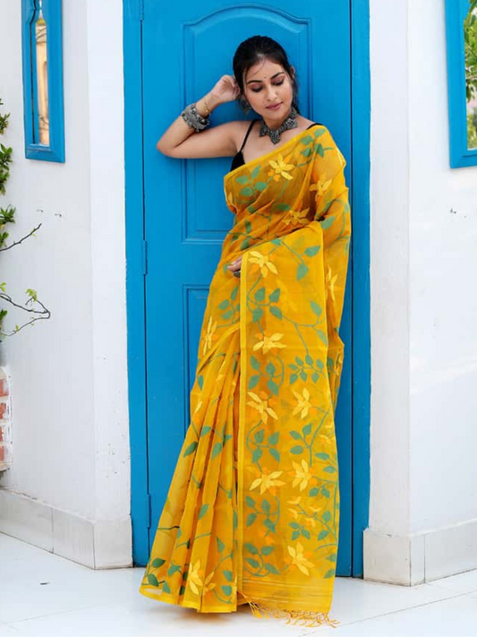 Handwoven Pure Jamdani Muslin Saree  |  Golden Yellow