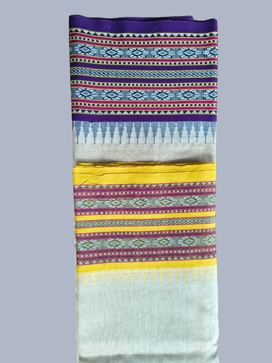 Berry Blue & Yellow Handloom Vidarbha Tussar Silk Saree with Multicolor Contrast Border -004