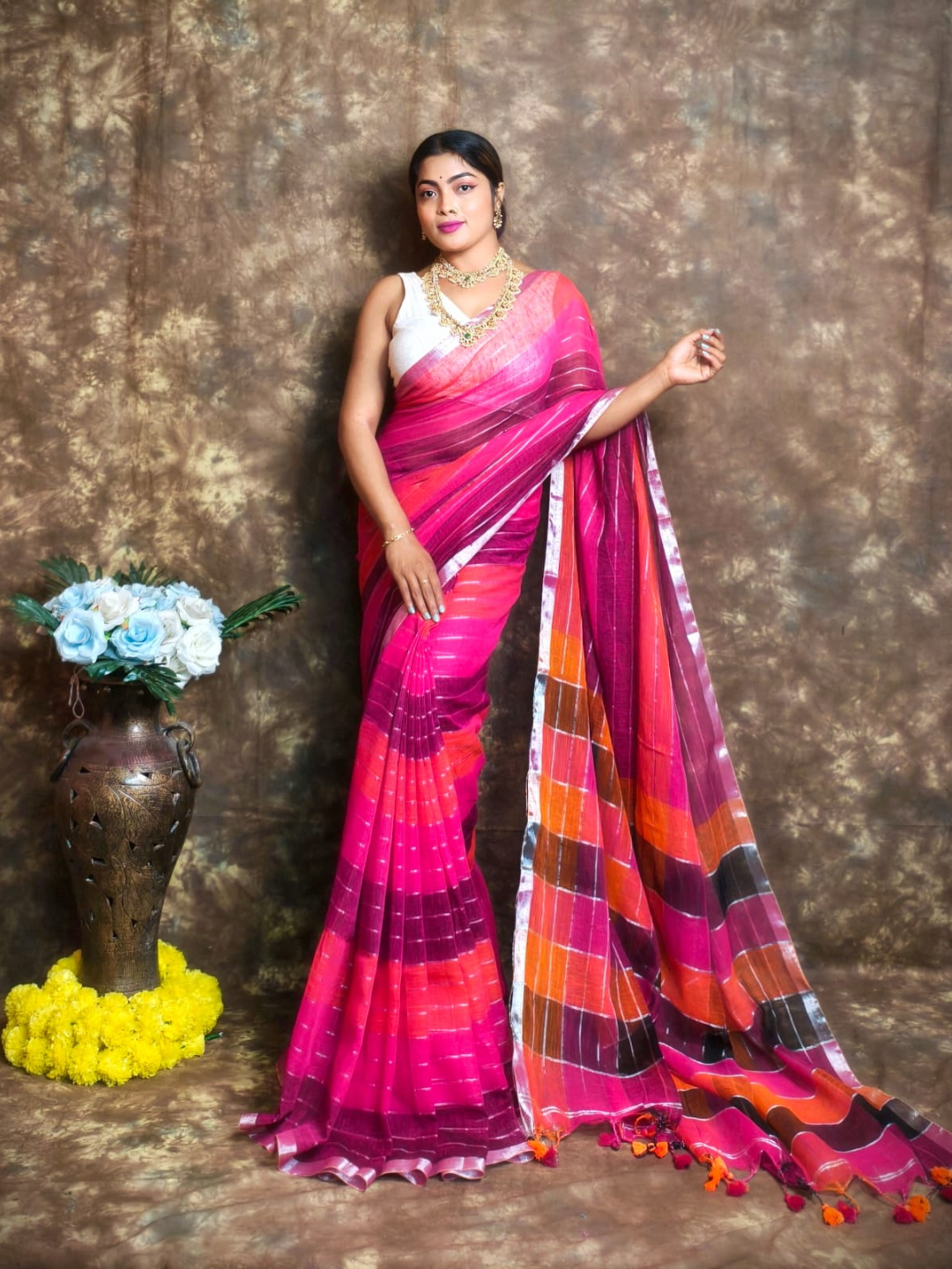 Handloom Handloom Linen Saree  |  Deep Pink