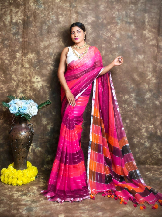 Pure Handloom Linen Saree | Deep Pink