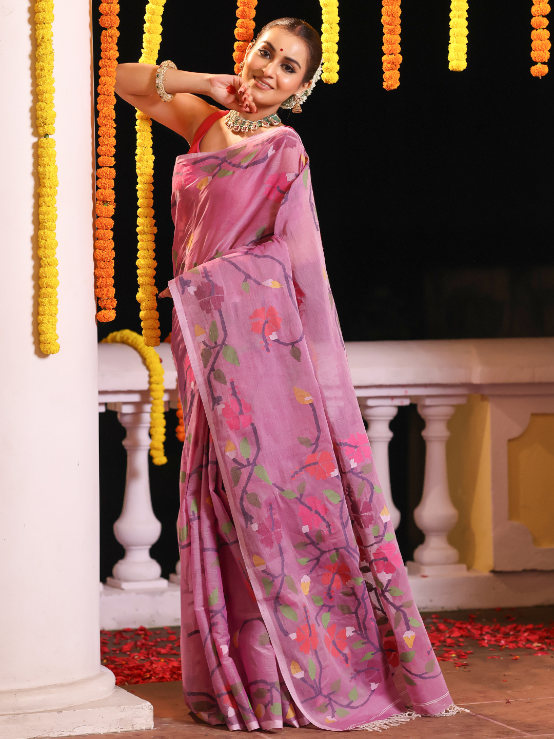 Handwoven Pure Jamdani Silk Cotton Saree  |  Baby Pink