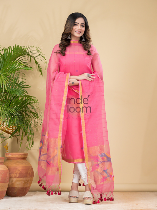 Blush Pink Sequin Paithani Jamdani 2-Piece Set Kurti & Dupatta (UNSTITCHED) -909