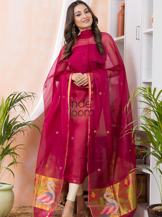 Handwoven Jamdani Muslin Unstitched 2-piece Kurti  |  Magenta Pink