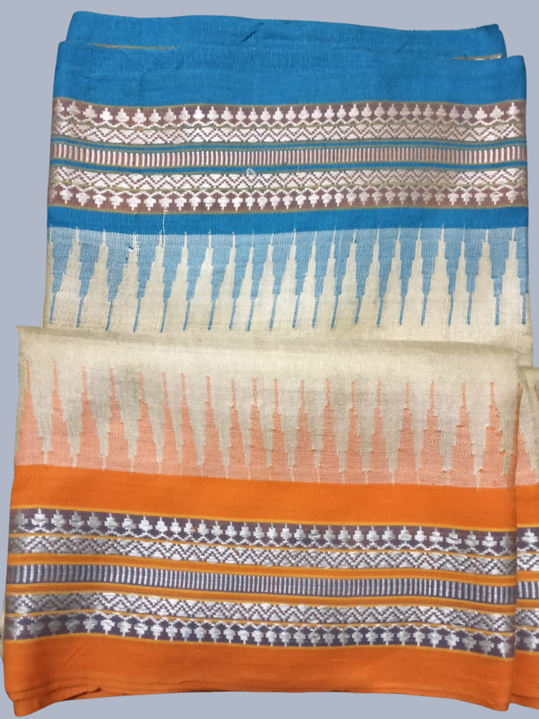 Blue Orange Handloom Vidarbha Tussar Silk Saree with Multicolor Contrast Border -009
