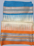 Blue Orange Handloom Vidarbha Tussar Silk Saree with Multicolor Contrast Border -009