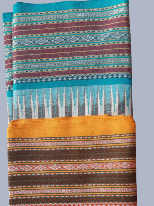Blue Orange Vidarbha Tussar Silk Saree with Multicolor Contrast Border -010