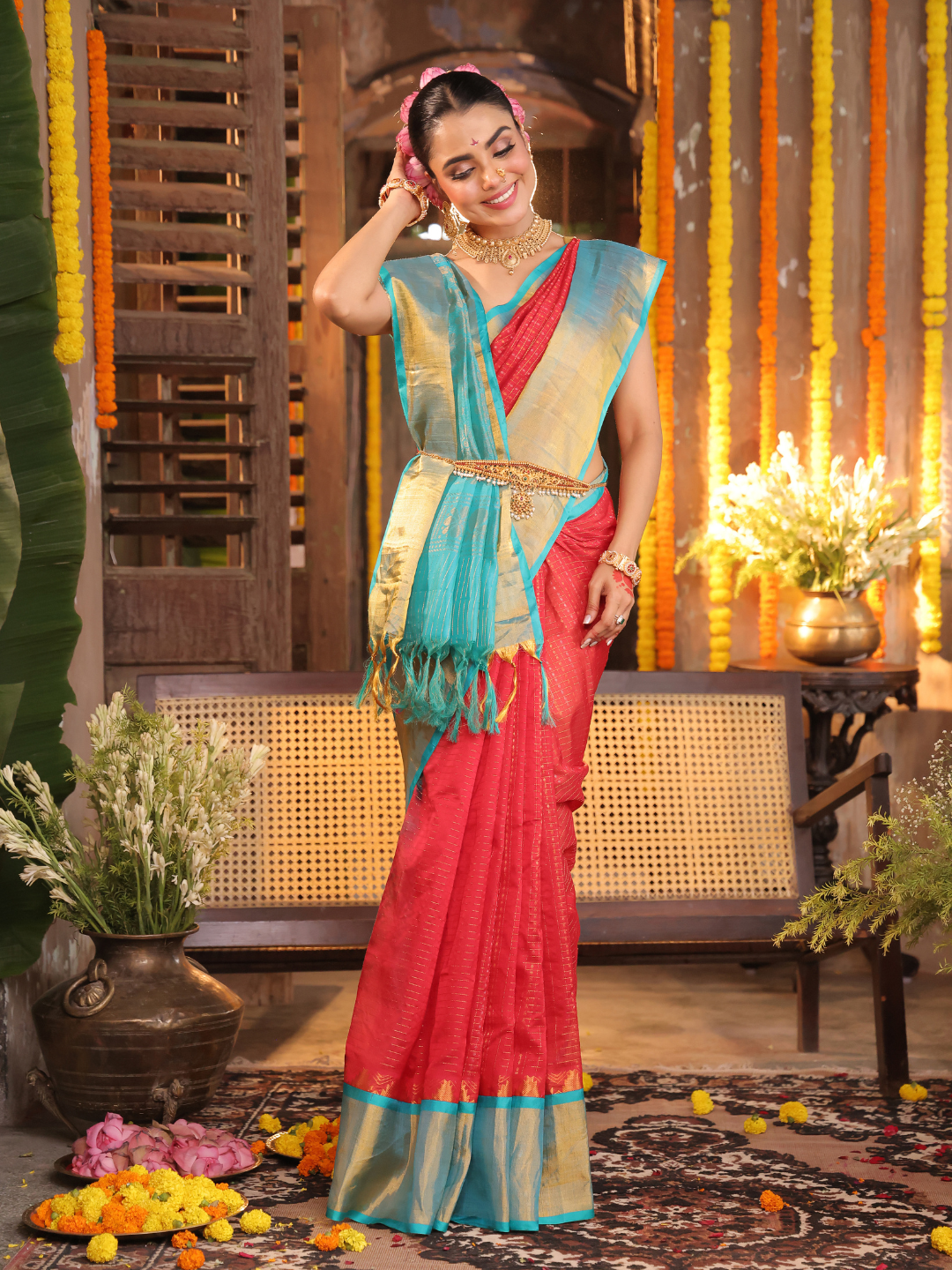 Pure Handloom Korvai Saree | Passion Red Sky Blue