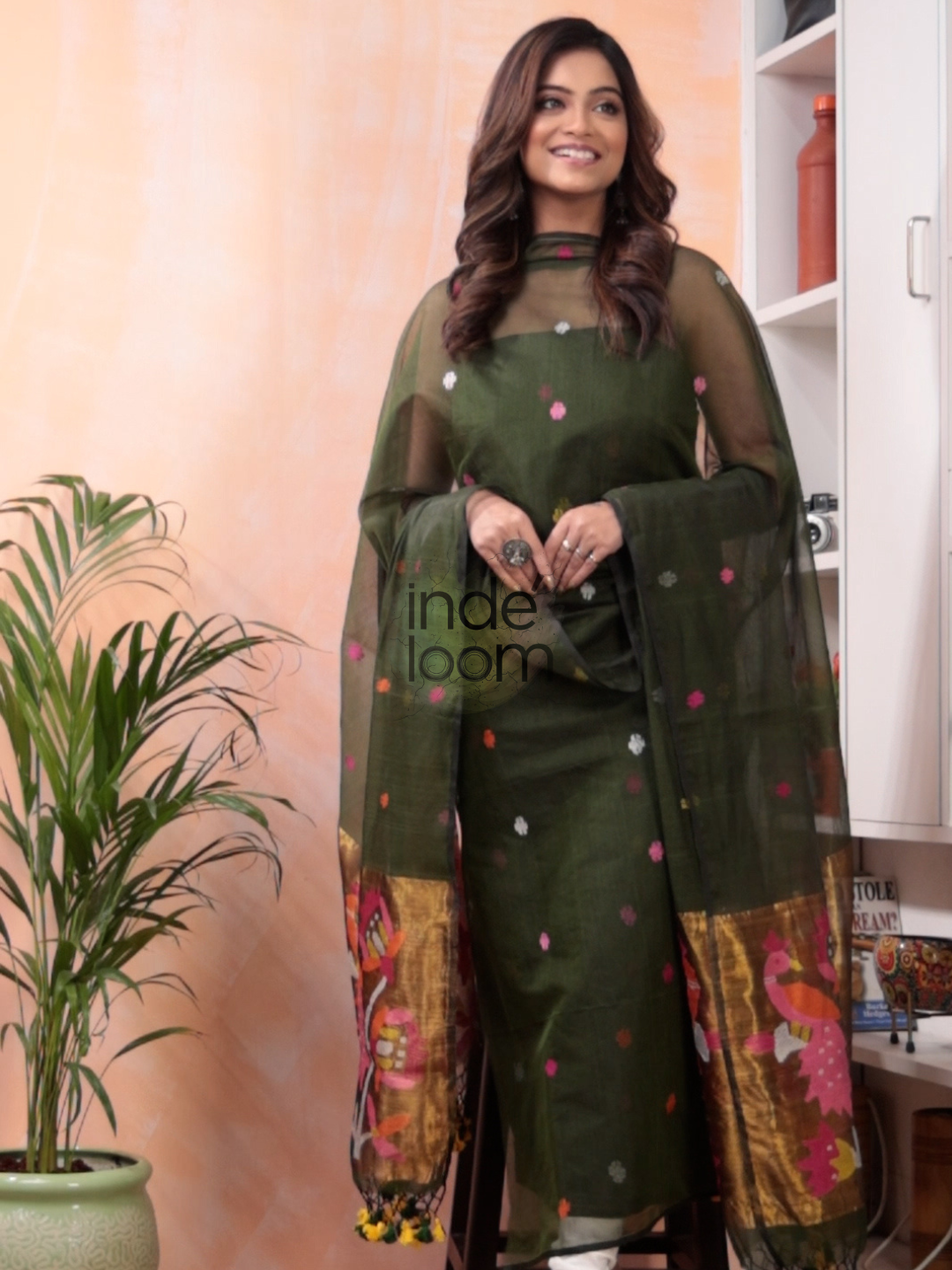 Army Green Paithani Muslin Jamdani 2-Piece Set Kurti Dupatta (UNSTITCHED) -439