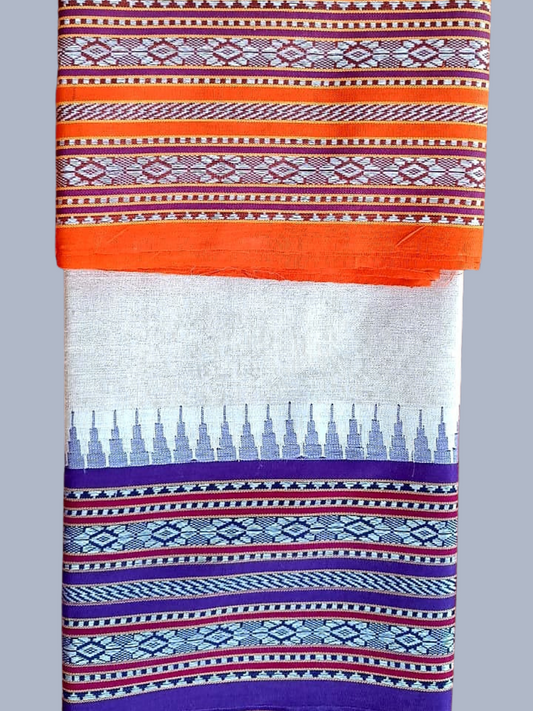 Orange Handloom Vidarbha Tussar Silk Saree with Multicolor Contrast Border -069