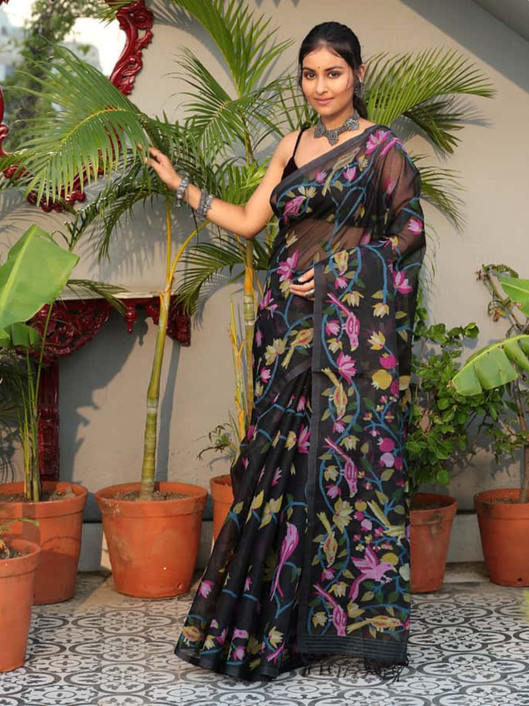 Multicolor Leafs Muslin Jamdani Saree (Pre-Order) -050