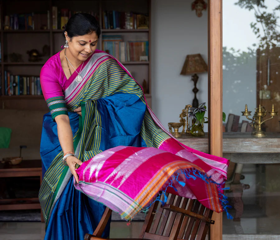 Ilkal Saree in Blue and Green With Pink Pallu  - 004
