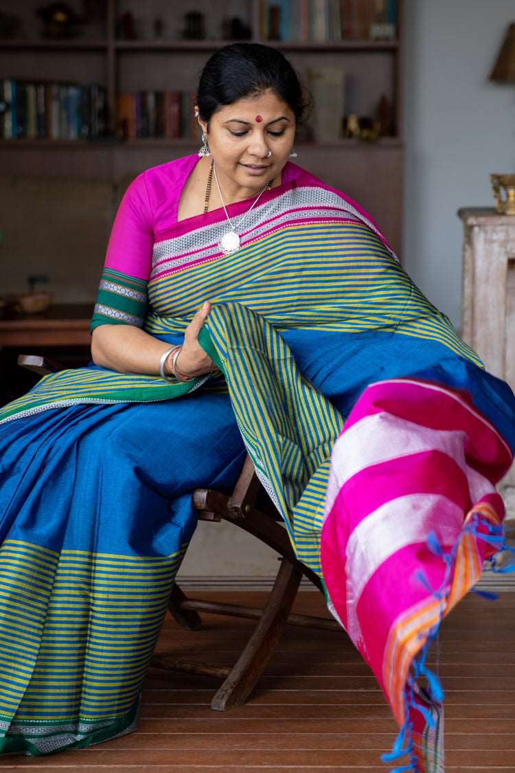 Pure Ilkal Saree in Blue and Green With Pink Pallu  - 004