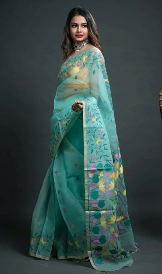Handwoven Pure Jamdani Muslin Saree  |  Turquoise Teal