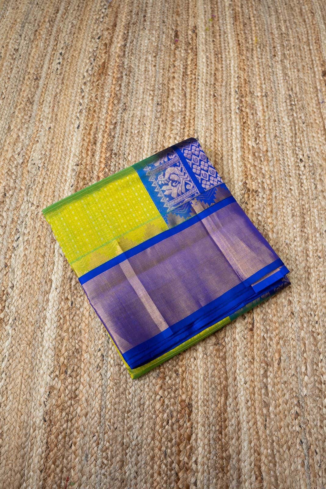 Korvai Saree in Leafy Green with Navy Blue Pallu - 026 - indeloom