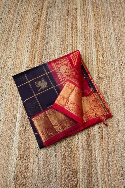 Korvai Saree in Barn Red-Night Black Mayil border - 030 - indeloom
