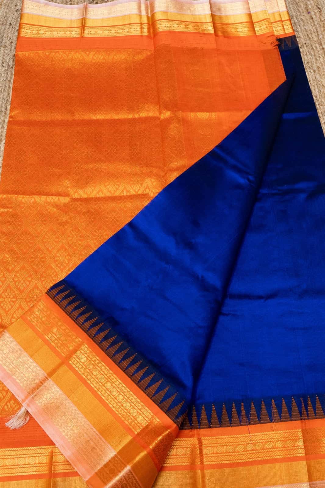 Pure handloom Korvai Silk Cotton Saree in Berry Blue and Orange with temple border - 014