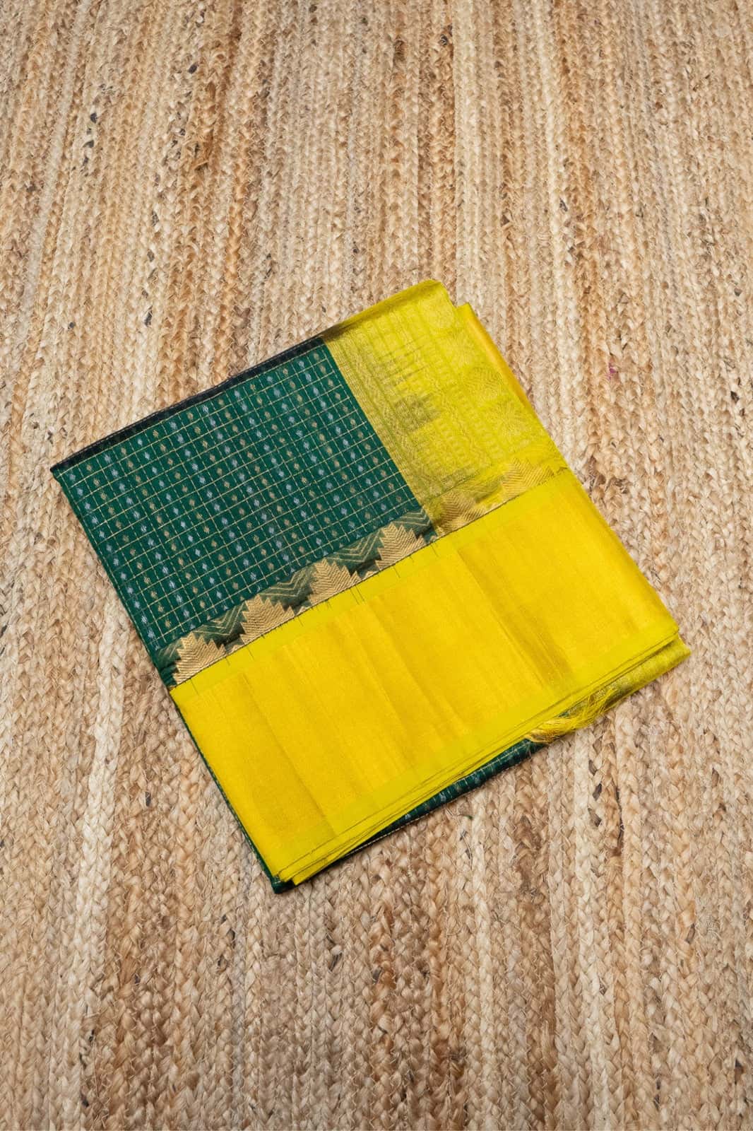 Pure Handloom Korvai Saree | Lakshadeepam  | Forest Green & Yellow
