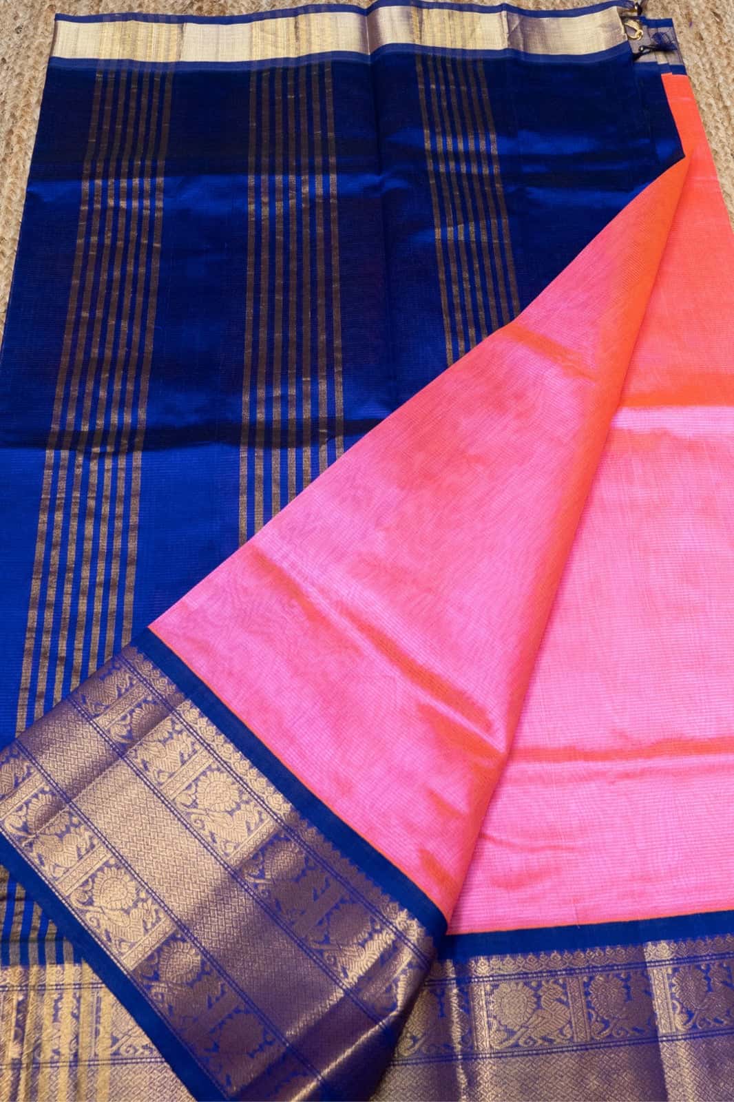 Pure Handloom Korvai Saree | Hot Pink and Golden Blue