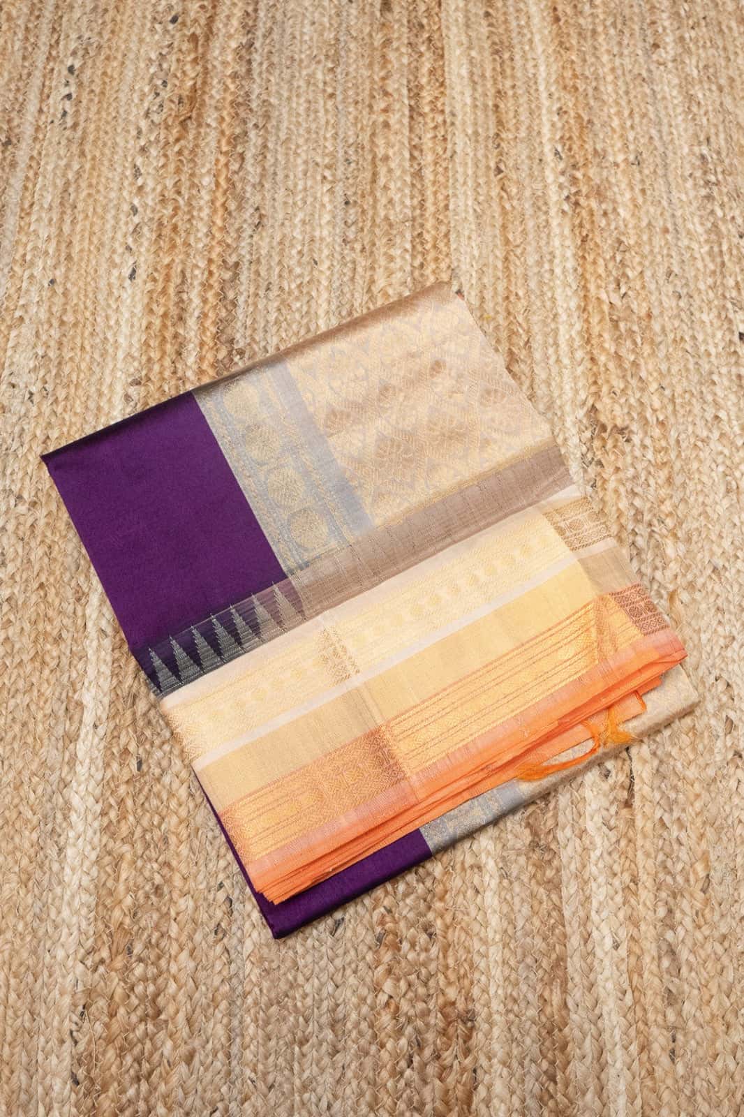 Pure Handloom Korvai Saree | Wine Purple and Orange Border | Temple Border