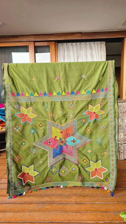 Cotton Mix Ilkal Lambani Saree With Apple Green - 021