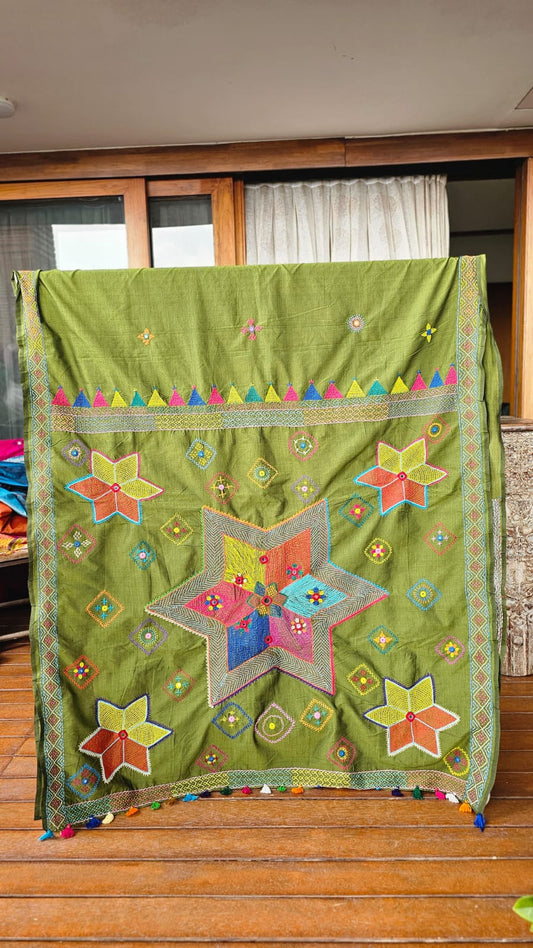 Cotton Mix Ilkal Lambani Saree With Apple Green - 021