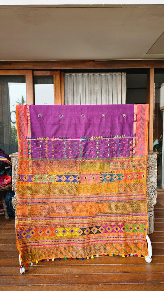 Cotton Silk mix Ilkal Lambani Saree With Wine Purple - 027