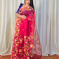 Pure Tantuj Muslin Jamdani Needle Work Handwoven Saree In Chilli red - 160