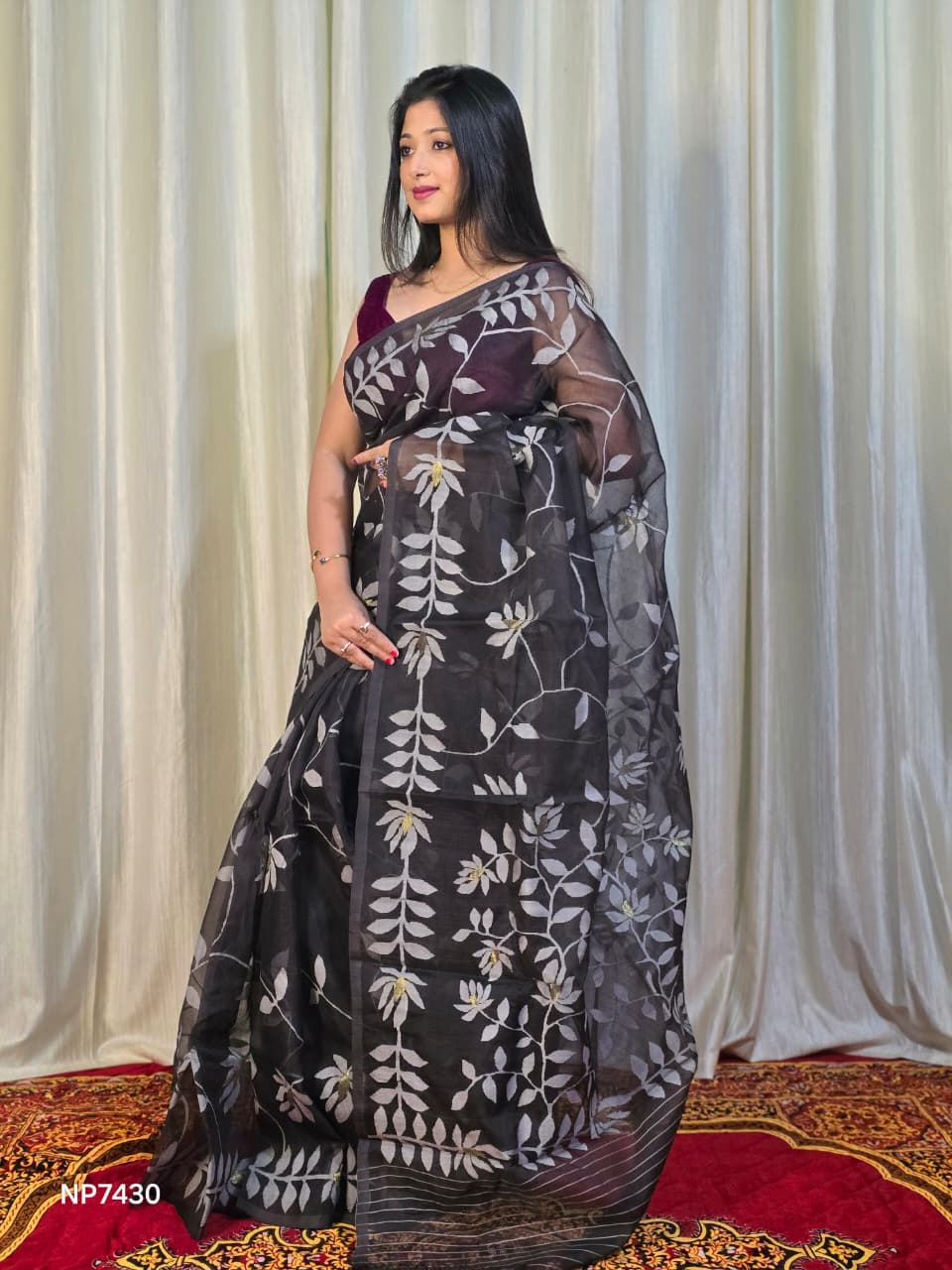 Pure Tantuj Muslin Jamdani Needle Work Handwoven Saree In Soft Black - 161