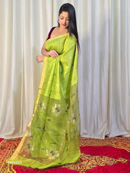 Pure Matka Jamdani Handwoven Saree In Lime Green - 165
