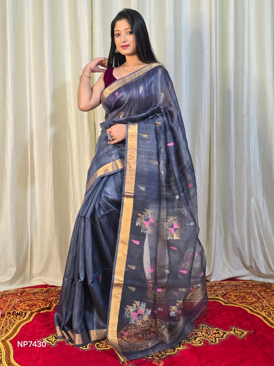 Pure Matka Jamdani Handwoven Saree In Space Blue - 167