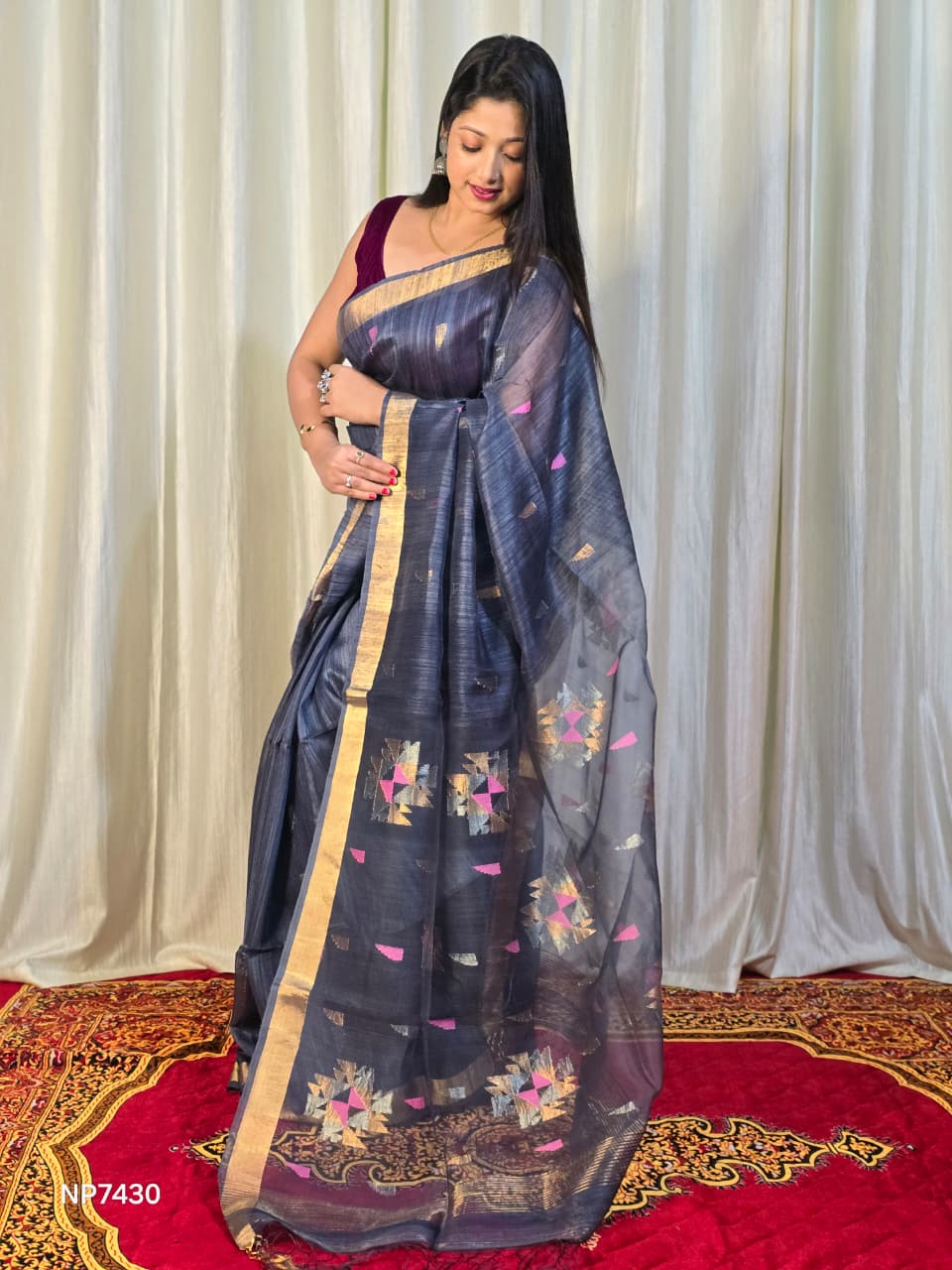 Pure Matka Jamdani Handwoven Saree In Space Blue - 167