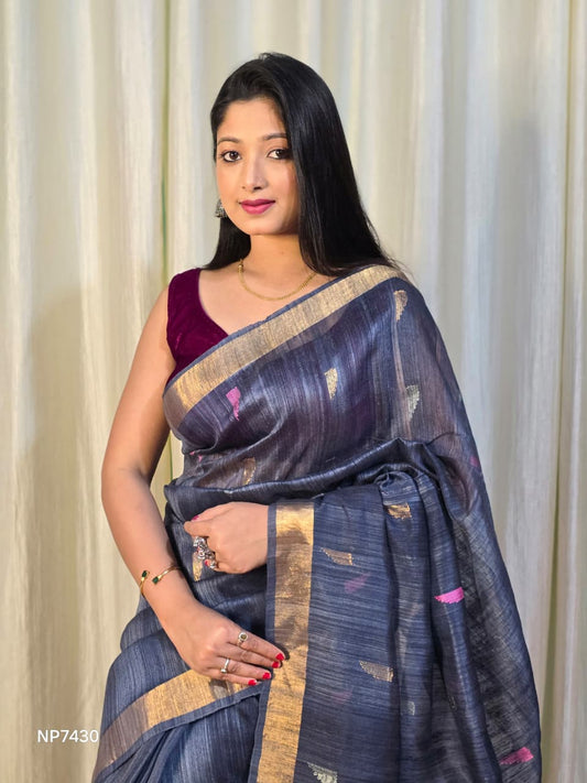 Pure Matka Jamdani Handwoven Saree In Space Blue - 167