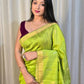 Pure Matka Jamdani Handwoven Saree In Lime Green - 165