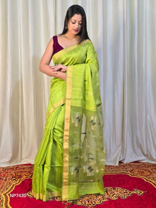 Pure Matka Jamdani Handwoven Saree In Lime Green - 165