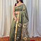 Pure Matka Jamdani Handwoven Saree In Khaki Green - 166