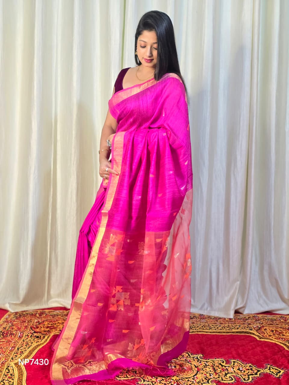 Pure Matka Jamdani Handwoven Saree In Deep Pink - 168