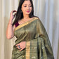 Pure Matka Jamdani Handwoven Saree In Khaki Green - 166