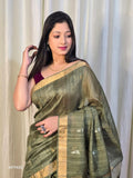 Pure Matka Jamdani Handwoven Saree In Khaki Green - 166