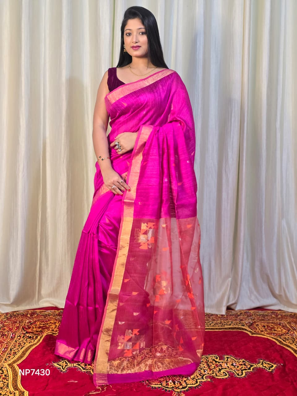 Pure Matka Jamdani Handwoven Saree In Deep Pink - 168